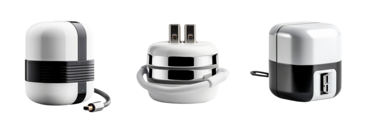 Three modern electronic chargers with a sleek design, featuring a compact form and different plug configurations on a transparent background.
