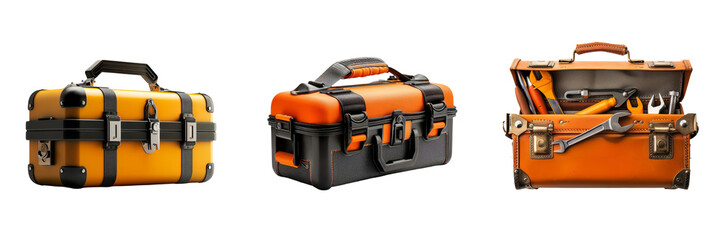 Three brightly colored toolboxes displayed side by side, showcasing tools and organization for DIY projects and professional use.
