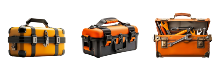 Three brightly colored toolboxes displayed side by side, showcasing tools and organization for DIY projects and professional use.