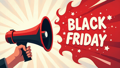 Black Friday promotion announcement with a megaphone in a colorful design
