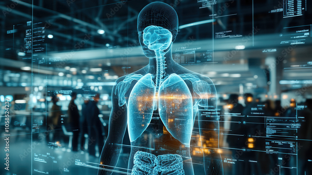 Poster digital representation of human body with visible organs and systems, showcasing brain and lungs in 