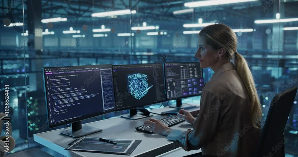Fototapete Female Software Engineer Focused on Working on a Machine Learning Model Displayed Across Three Monitors, Analyzing Data Outputs and Tweaking Parameters in Real Time