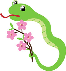 Lunar new year of snake-Cartoon Snake with Cherry Blossom Branch