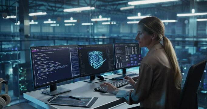 Female Software Engineer Focused on Working on a Machine Learning Model Displayed Across Three Monitors, Analyzing Data Outputs and Tweaking Parameters in Real Time
