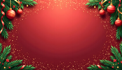Festive red background with holiday decorations and green foliage for Christmas, copy space