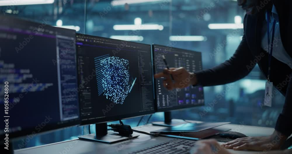 Fototapete With Screen Setup Showing AI Code and Model Visualization, Female Developer Works Closely with a Black Team Leader Standing Beside Her, Discussing Improvements and Refinements to Their AI System