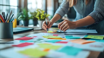 Obraz premium Creative workspace crafting ideas with sticky notes and pens