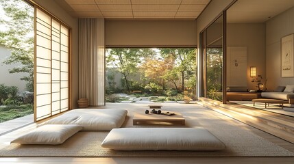 Muji-style living room rendered in 3D showing minimalist design elements