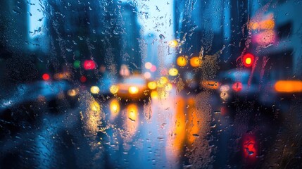 Fototapeta premium Rainy day ambiance captured in an urban environment, highlighting the beauty of rain on city streets. This urban setting provides a moody atmosphere with ample copy space.