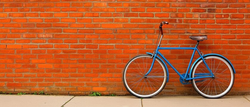 A blue bicycle leans against a textured red brick wall, creating a vibrant contrast in a minimalist urban setting.