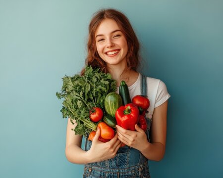 A young woman holds various vegetables in hands. World Vegan Day - Powered by Adobe