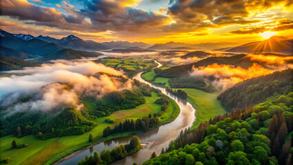 Obraz premium sunset over the river. landscape, sky, nature, grass, field, cloud, mountain, meadow, road, green, summer, clouds, river, blue, hill, forest, rural, sunset, water, tree, sun, horizon, path, lake, view