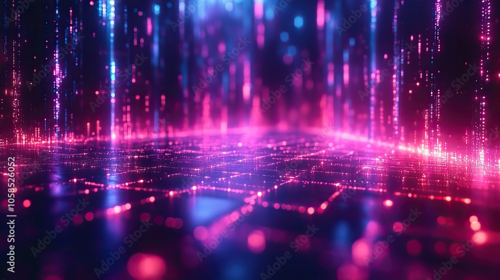 Poster neon lines reflecting on virtual floor with abstract patterns for digital concept design