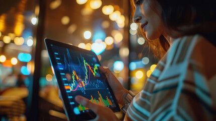 young indian woman using tablet with stock market graphs