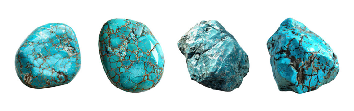 Four beautiful turquoise stones arranged on a white isolate background.