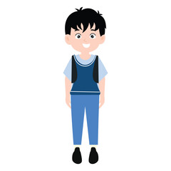 funny little boy is crying, and posing with his hands folded on his waist.School kids collection. Group of cartoon multinational children in school uniform, standing with books and school bags. Isolat