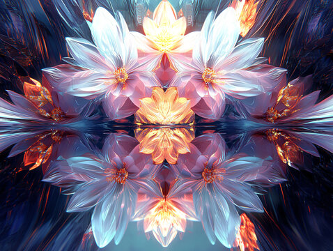 3D rendering of a geometric flower pattern with a central yellow light. It's a dark background with light reflections.