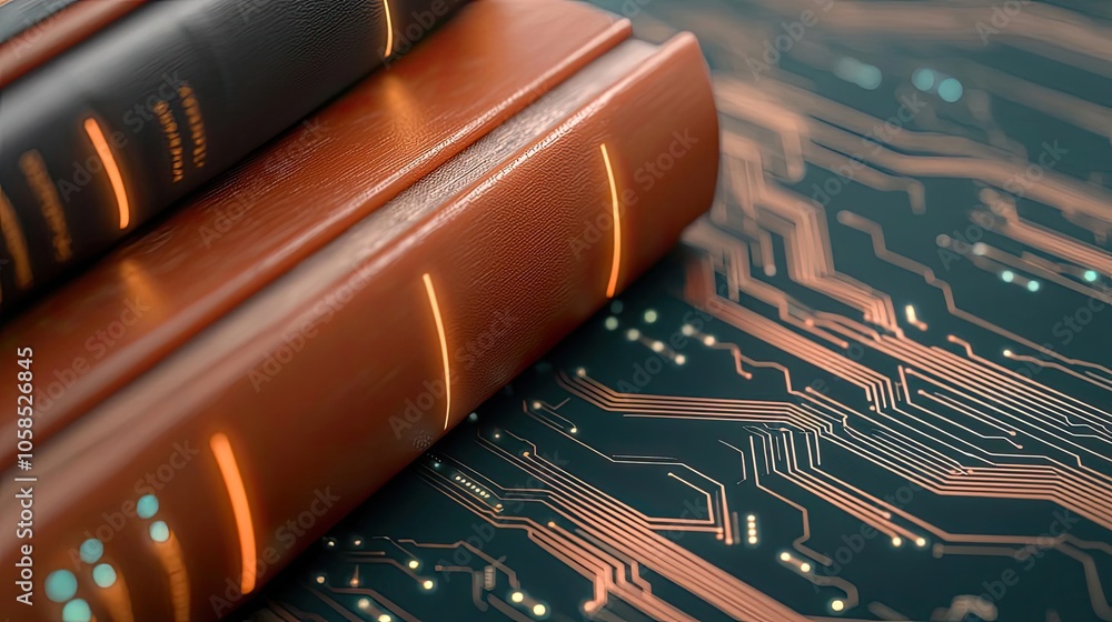 Poster stack of books on a circuit board background, symbolizing digital knowledge.