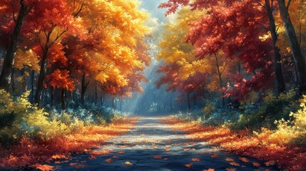 Vibrant autumn forest path with colorful leaves and soft light.