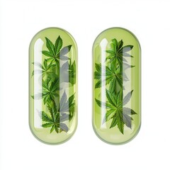 Vibrant green capsules filled with cannabis leaves on a white isolated background.