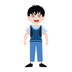 funny little boy is crying, and posing with his hands folded on his waist.School kids collection. Group of cartoon multinational children in school uniform, standing with books and school bags. Isolat