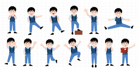 Obraz premium set of kawaii boy isolated on white background. elementary school. cartoon back to school