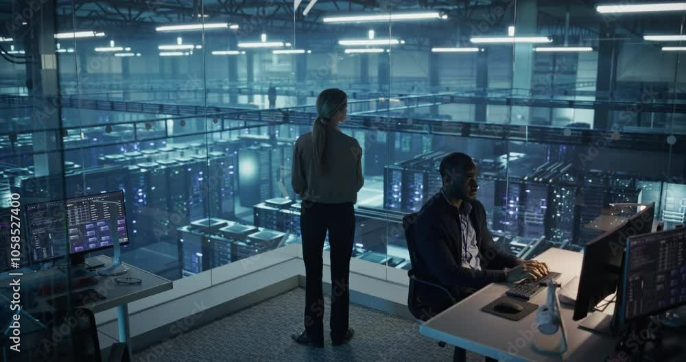 Poster Female Information Technology Engineer Reviews Security Logs on Her Tablet Computer in a High-Tech Data Center, Analyzing Potential Risks to Ensure Network’s Safety and Compute Power