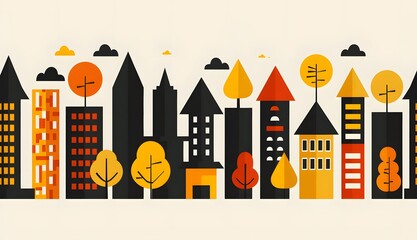 Obraz premium Cityscape buildings trees urban street residential city architecture pattern illustration