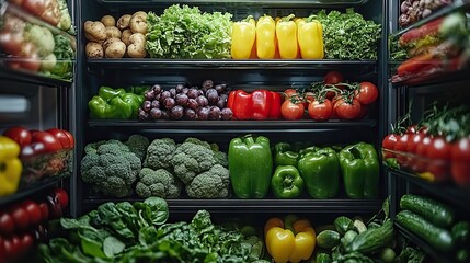 Open refrigerator filled with healthy food, promoting balanced nutrition