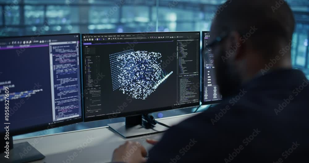 Aufkleber Male Software Engineer Focused on Working on a Machine Learning Model Displayed Across Three Monitors. Black Specialist Analyzing Data Outputs and Tweaking Parameters in Real Time