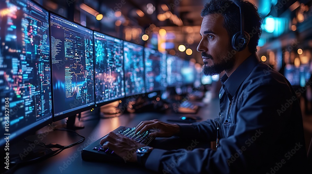 Poster over-the-shoulder view of security professional typing on keyboard in dark room, surrounded by monit