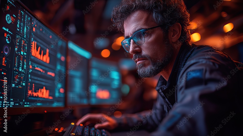 Poster Over-the-shoulder view of security professional typing on keyboard in dark room, surrounded by monitors displaying data