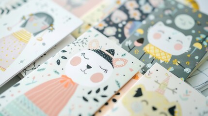 Fototapeta na wymiar Adorable animal and floral greeting cards on a white table for any occasion. Perfect for birthdays, celebrations, or invitations, adding happiness to special moments