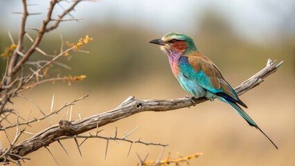 Naklejka premium Celebrating national bird day with vibrant lilac-breasted roller perched on a thorny branch