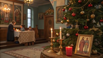 Traditional orthodox christmas scene with candlelit interior and festive tree