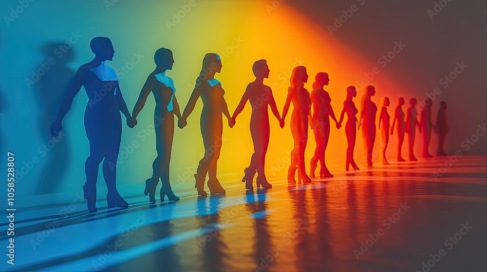 Poster paper people holding hands in an arch-shaped line, creating shadows on gradient background