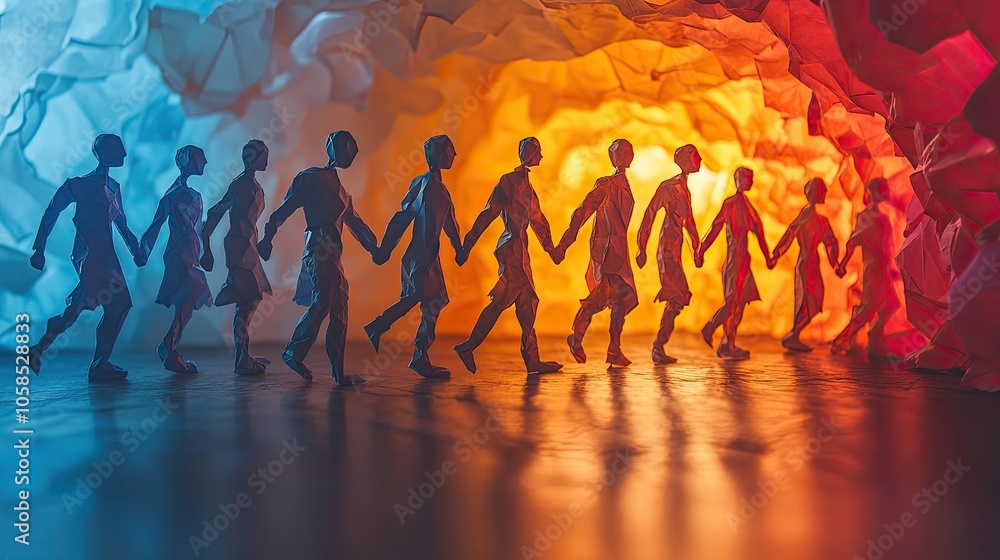 Poster paper people holding hands in an arch-shaped line, creating shadows on gradient background