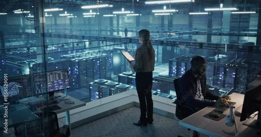 Poster Female Cybersecurity Expert Standing with Her Back to Camera, Works on Her Tablet in a Modern Facility, Running Diagnostic Tests to Identify Network Vulnerabilities in a Data Center with Server Racks