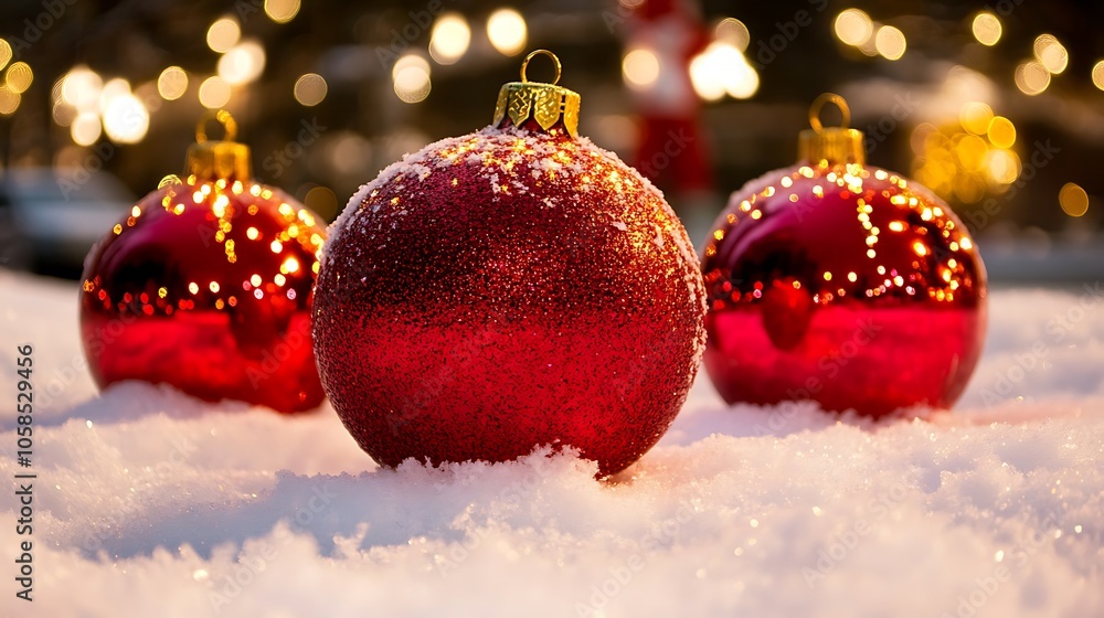 Poster red christmas ornaments in snow subtle blur background with space for custom text