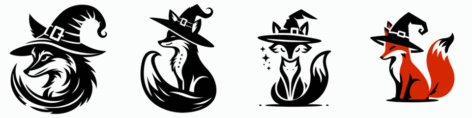 A collection of four whimsical fox illustrations, each wearing a witch's hat, combining playful elements of nature and fantasy.