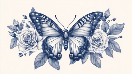 Fototapeta premium A detailed illustration of a butterfly surrounded by roses, showcasing nature's beauty.