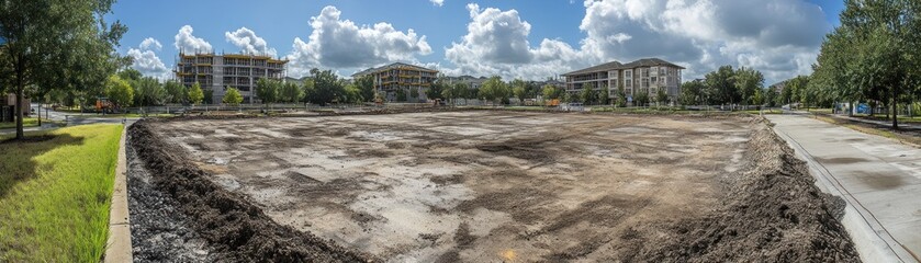 A cleared construction site with buildings in the background under a cloudy sky.