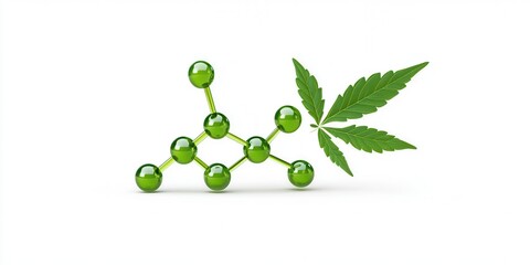 Molecular structure of cannabis with green leaves on a white isolated background.