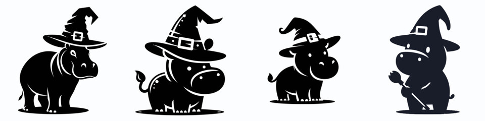 Four playful cartoon hippos wearing different witch hats, showcasing a whimsical Halloween theme.