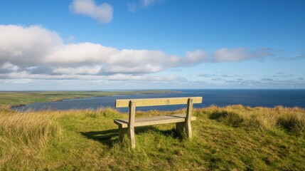 A serene wooden bench overlooks a panoramic view of the ocean under a bright blue sky, surrounded by lush green grass.
