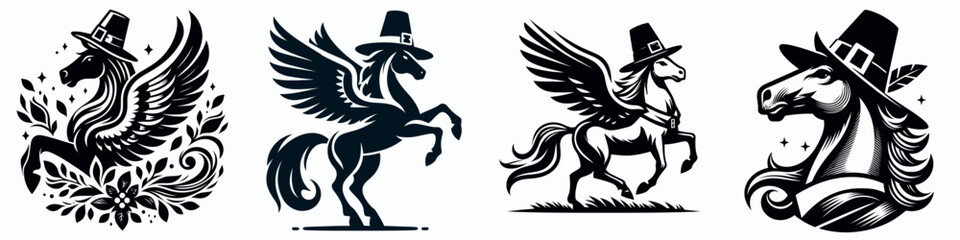 Fototapeta premium Four stylized horse illustrations showcasing themes of fantasy, including winged and decorated horses, all donning hats.