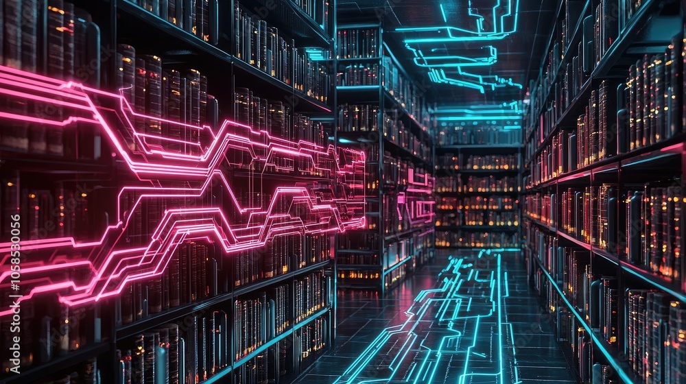 Poster futuristic library with neon lights illuminating rows of digital data.