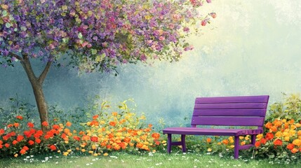 A solitary purple bench beside a blooming tree surrounded by vibrant flowers creates a tranquil scene, complemented by ample copy space for design elements.