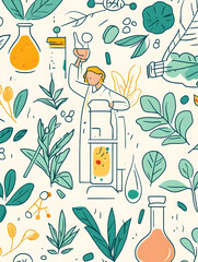 Thai Herbal Medicine Experimentation and Extraction Process, Featuring Colorful Traditional Herbs, Laboratory Equipment, and Scientific Analysis