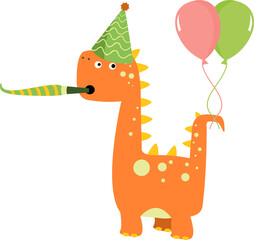 Fototapeta premium Cute Birthday Dinosaur With Party Horn